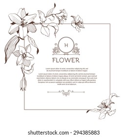 Vintage floral card. Frame with flowers. Botanical illustration with lilies & mono line elements . Retro graphic style. Vector illustration