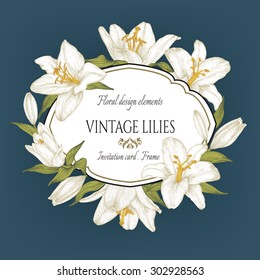 Vintage floral card with a frame of white lilies. Vector illustration.