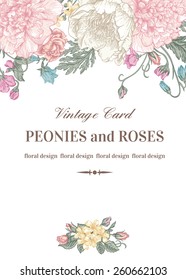 Vintage floral card with garden flowers. Peonies, roses, sweet peas, bell. Romantic background. Vector illustration.