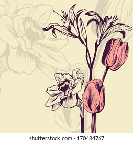 Vintage floral card with lilies, daffodils and tulips, vector illustration