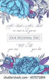 Vintage floral card with lush peonies. Vector background for any holiday, wedding, offers  or shares.
