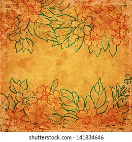 Vintage floral card on old paper sheet with grunge texture.  EPS10 blend mode, transparency used