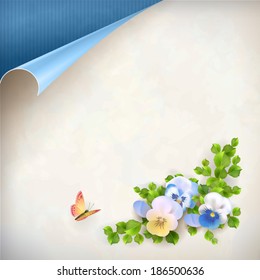 Vintage floral card with pansy flowers bouquet, green leaves, butterfly, old paper textured background, curled corner in pastel colors