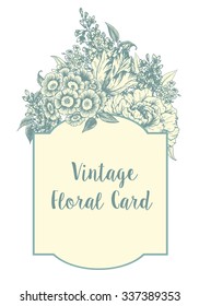 Vintage floral card, primrose flowers, peony, lilac, tulip, botanical collection, vintage frame