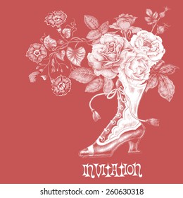 Vintage floral card with roses and boots. Vector. Victorian style. Advertising signs.
