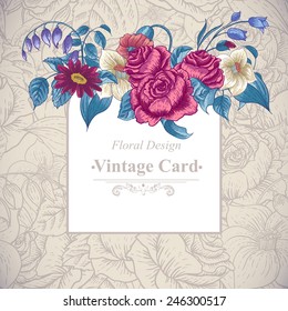 Vintage floral card with roses and wild flowers, vector illustration