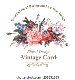 Vintage Floral Card With Roses, Wildflowers And Birds, Vector Watercolor Illustration