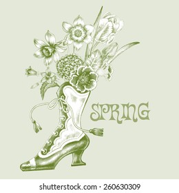 Vintage floral card with spring flowers and boots. Vector. Victorian style. Advertising signs.