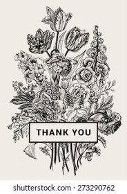 Vintage floral card. Victorian bouquet. Black and white peonies, mallow, delphinium, roses, tulips, violets, petunia. Thank you. Vector illustration. Monochrome.