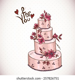 Vintage floral card with Wedding Cake, Vector Hand Drawn Illustration