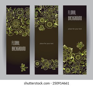 Vintage floral cards in line art style. Green outline decor. Ornate element for design. Template frame for greeting card and wedding invitation. Ornate vector border and place for your text.