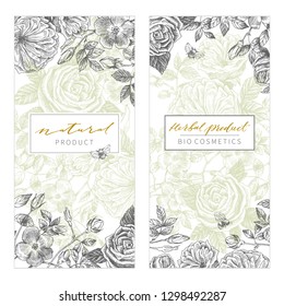 Vintage Floral Cards Set. Frame with Engraving Flowers. Botanical Illustration with Roses, bumblebees and other Flowers. Retro Graphic Style. Can use for eco natural product, herbal cosmetics and