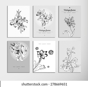 Vintage Floral Cards Set. Frame with Engraving Flowers. Botanical Illustration with Roses, Lilies and other Flowers.Retro Graphic Style.Frame for wedding invitation. Floral label.Cosmetic. Flower shop