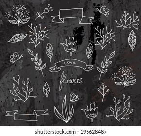 Vintage Floral Collection in vector. For design or scrapbook. typographic elements, Ribbons, stickers, tree branches. Chalkboard design. Chalk texture.