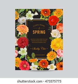 Vintage Floral Colorful Frame - Autumn Watercolor Flowers - for Invitation, Wedding, Baby Shower Card - in vector 