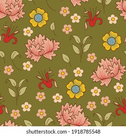 Vintage Floral Colorful Garden Botanicals Vector Seamless Pattern