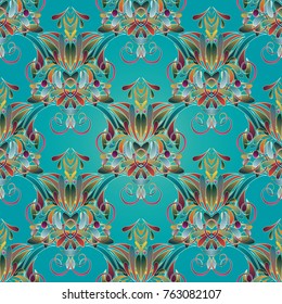 Vintage floral colorful seamless pattern. Light blue vector background. Hand drawn multicolor flowers, swirls, lines, leaves, curves, dots. Damask ornaments. Luxury design for wallpaper, fabric, print