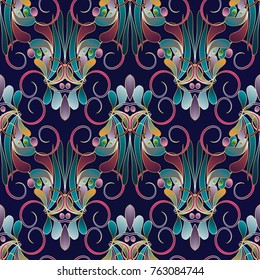 Vintage floral colorful seamless pattern. Dark blue vector background. Hand drawn multicolor flowers, swirls, lines, leaves, curves, dots. Damask ornaments. Luxury design for wallpaper, fabric, print