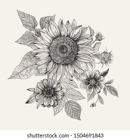 Vintage floral composition. Autumn. Sunflower, Dahlia and Zinnia. Black and white