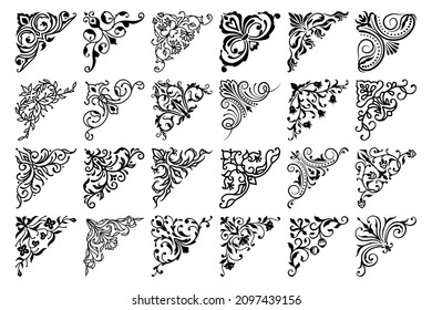 Vintage floral corner borders, frame embellishments, vector victorian flourish adornments. Art decoration and flowers in line pattern for wedding dividers or certificate corner borders