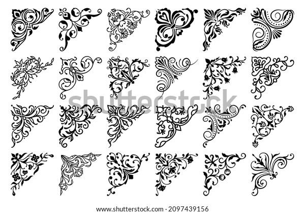 Vintage\
floral corner borders, frame embellishments, vector victorian\
flourish adornments. Art decoration and flowers in line pattern for\
wedding dividers or certificate corner\
borders