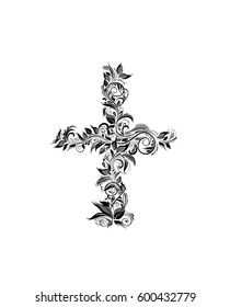 Vintage Floral Cross (black And White)