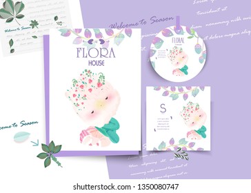 Vintage Floral cute animal Card in watercolor style.