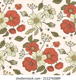 Vintage floral daisy and rose boho seamless pattern. Decorative garden art