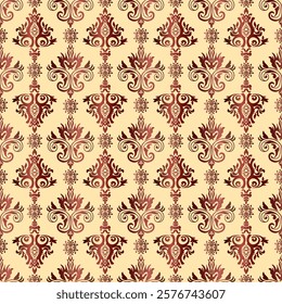 A vintage floral damask pattern with intricate red designs on a soft beige background, perfect for elegant decor.