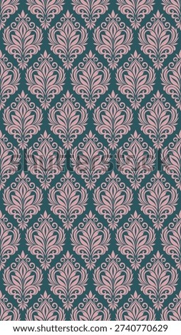 Vintage floral damask pattern in pink on teal background evoking elegant ornate wallpaper and romantic mood, seamless repeat design for textiles, interior, stationery and surface pattern