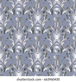 Vintage floral damask seamless pattern. Light background wallpaper illustration with antique decorative 3d  flowers, leaves and medieval baroque ornaments. Vector surface damask pattern texture 