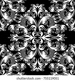 Vintage floral damask seamless pattern. Black white vector background wallpaper with hand drawn line art tracery flowers, dots, leaves, baroque ornaments in renaissance style. Isolated texture.