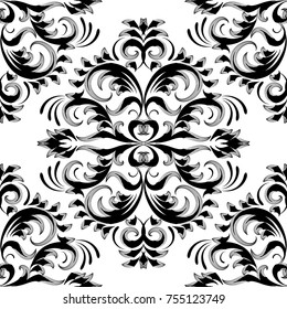 Vintage floral damask seamless pattern. Black white vector background wallpaper with hand drawn line art tracery flowers, leaves, baroque ornaments in renaissance victorian style. Isolated texture.
