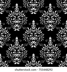 Vintage floral damask seamless pattern. Black white vector background with hand drawn elegance flowers, swirl leaves, line art tracery floral ornaments. Luxury flowery design. Isolated fabric texture