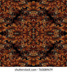 Vintage floral damask seamless pattern. Black flowery vector background. Hand drawn red gold  flowers, swirls, lines, leaves, curves, dots. Damask ornament. Luxury design for wallpaper, fabric, print