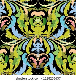 Vintage floral damask vector seamless pattern. Paisley flowers, leaves, swirls. Ornamental abstract beautiful background. Flourish ethnic style ornament. Foliage green decorative design with paisleys.