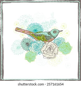 Vintage  floral decoration with bird . All objects are conveniently grouped  and are easily editable.