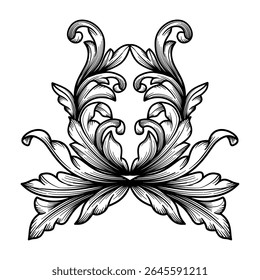 Elemento de decoração floral vintage. Mão desenhado barroco damasco vitoriano gravura ornamento ilustração vetorial. Desenho arabesco acanto borda renascença decorativo ornamental