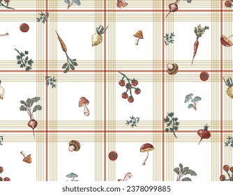 Vintage floral Design farm fruit  , Vegetables Small  floral liberty kitchen towel and tablecloths inspired Seamless Pattern Vector on plaid check,  Design  for fashion , fabric, textile,all prints 