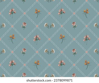 Vintage floral Design Garden small Flower ,  Small  floral liberty kitchen towel and tablecloths inspired Seamless Pattern Vector on plaid check,  Design  for fashion , fabric, textile, wallpaper