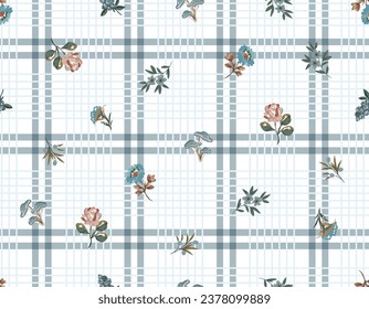 Vintage floral Design Garden small Flower ,  Small  floral liberty kitchen towel and tablecloths inspired Seamless Pattern Vector on plaid check,  Design  for fashion , fabric, textile,and all prints 