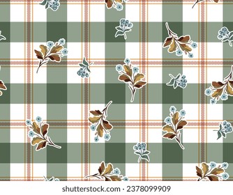 Vintage floral Design Garden small Flower ,  Small  floral liberty kitchen towel and tablecloths inspired Seamless Pattern Vector on plaid check,  Design  for fashion , fabric, textile and all prints 