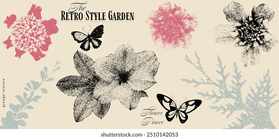 Vintage floral design with grunge textures, retro-style garden theme, distressed patterns, nostalgic vibes, butterfly motifs, and hand-drawn botanical elements. Vector illustration