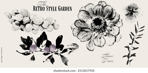 Vintage floral design with grunge textures, retro-style garden theme, distressed patterns, nostalgic vibes, butterfly motifs, and hand-drawn botanical elements