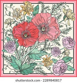 Vintage floral design. Illustration with red Poppies and roses, summer flowers. Floral design.