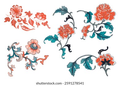 Vintage floral design with intricate patterns. Floral motifs in red and blue. Elegant vintage style with floral patterns. Decorative florals. Decorative illustrations, isolated vector set.