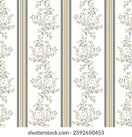 Vintage floral Design Old vintage small floral vertical Striped , Cute hand drawn green with yellow ditsy seamless liberty floral pattern, lovely floral white background, great for textiles,