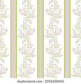 Vintage floral Design Old vintage small floral vertical Striped , Cute hand drawn green with pastel pink ditsy seamless liberty floral pattern, lovely floral white background, great for textiles,