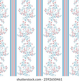 Vintage floral Design Old vintage small floral vertical Striped , Cute hand drawn blue with pink ditsy seamless liberty floral pattern, lovely floral white background, great for textiles,