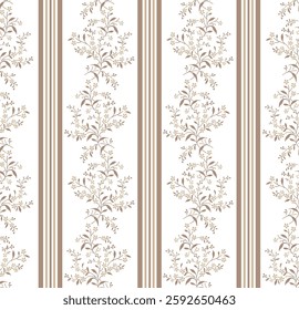 Vintage floral Design Old vintage small floral vertical Striped , Cute hand drawn beige with brown ditsy seamless liberty floral pattern, lovely floral white background, great for textiles,